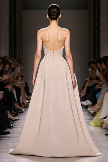 Champagne A Line Appliqued Long Formal Dress with Slit